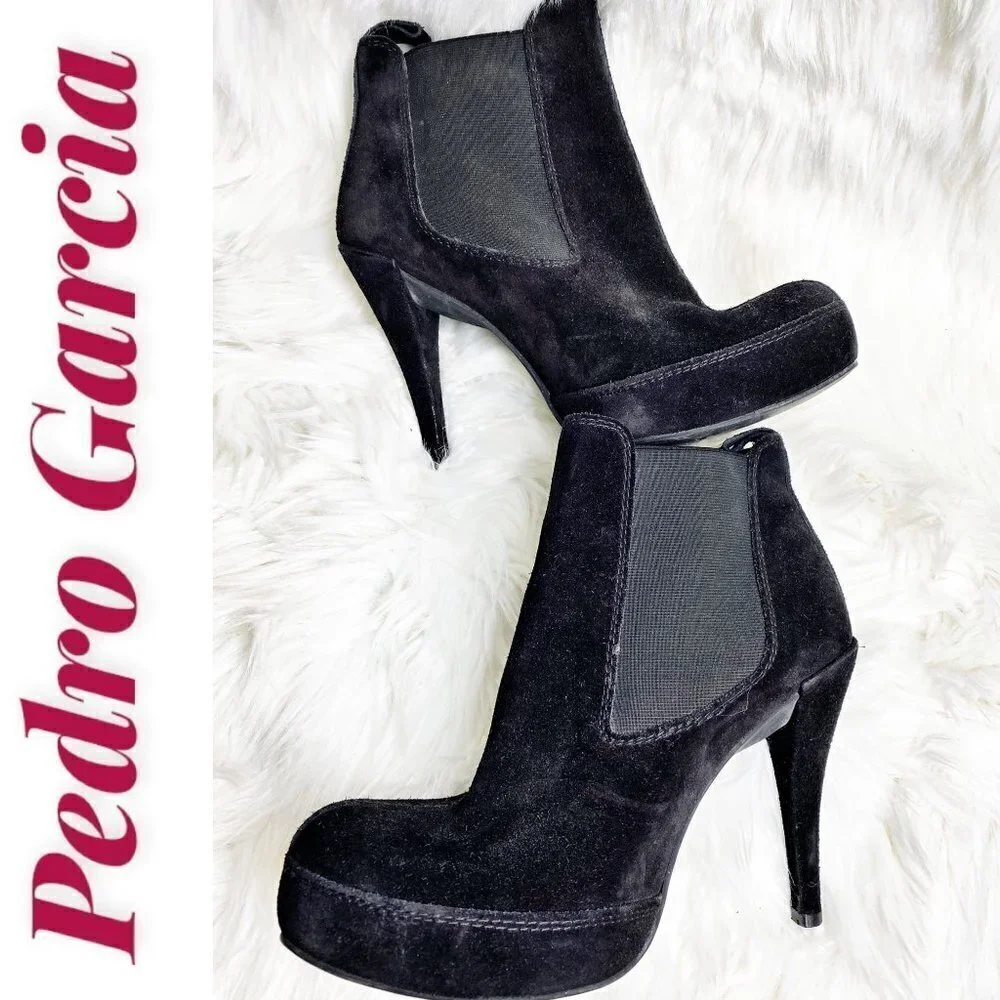 PEDRO GARCIA SUEDE LEATHER‎ PLATFORM CHELSEA BOOTIE STILETTO BLACK, Size 40
